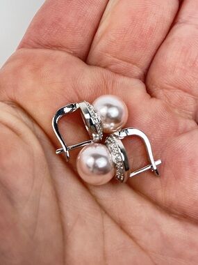 Blush Pearl Leverback Earrings CZ Accent Silver Tone Elegant Pearl Drop Earrings